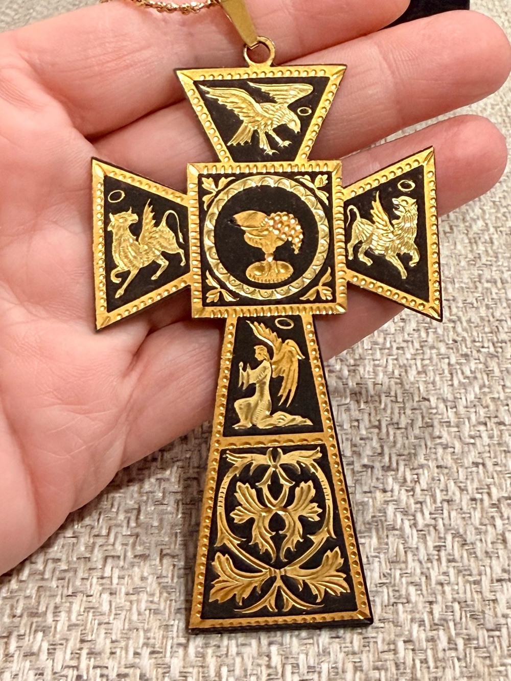 RARE 24k Inlay Spanish Toledo Damascene Cross Pendant Necklace with 14k Chain